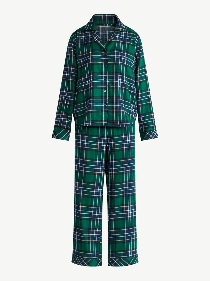 Joyspun Women's Long Sleeve Flannel Sleep Top and Pants Pajama Set, 2-Piece, Sizes XS-3X | Walmart (US)