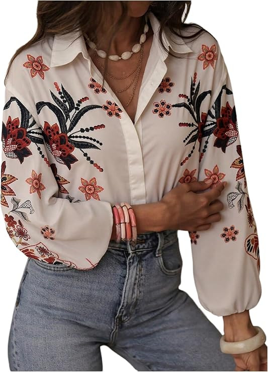 SHENHE Women's Button Down Shirt Lantern Sleeve Tropical Floral Boho Blouse Dressy Top | Amazon (US)