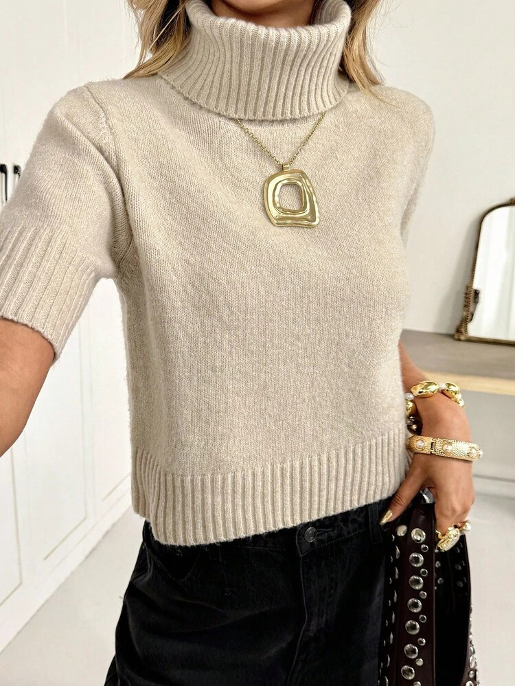 Siren Gaze Women's Solid Color Casual Versatile Turtleneck Short Sleeve Knit Sweater In Fall/Wint... | SHEIN