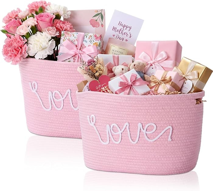 2 Pack Valentines Empty Basket for Gifts with “LOVE” Cotton Rope Pattern, Woven Baskets with ... | Amazon (US)