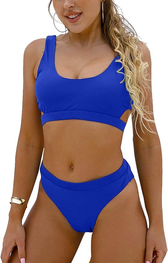 Blooming Jelly Women's High Waisted Swimsuit Crop Top Cut Out Two Piece Cheeky High Rise Bathing ... | Amazon (US)