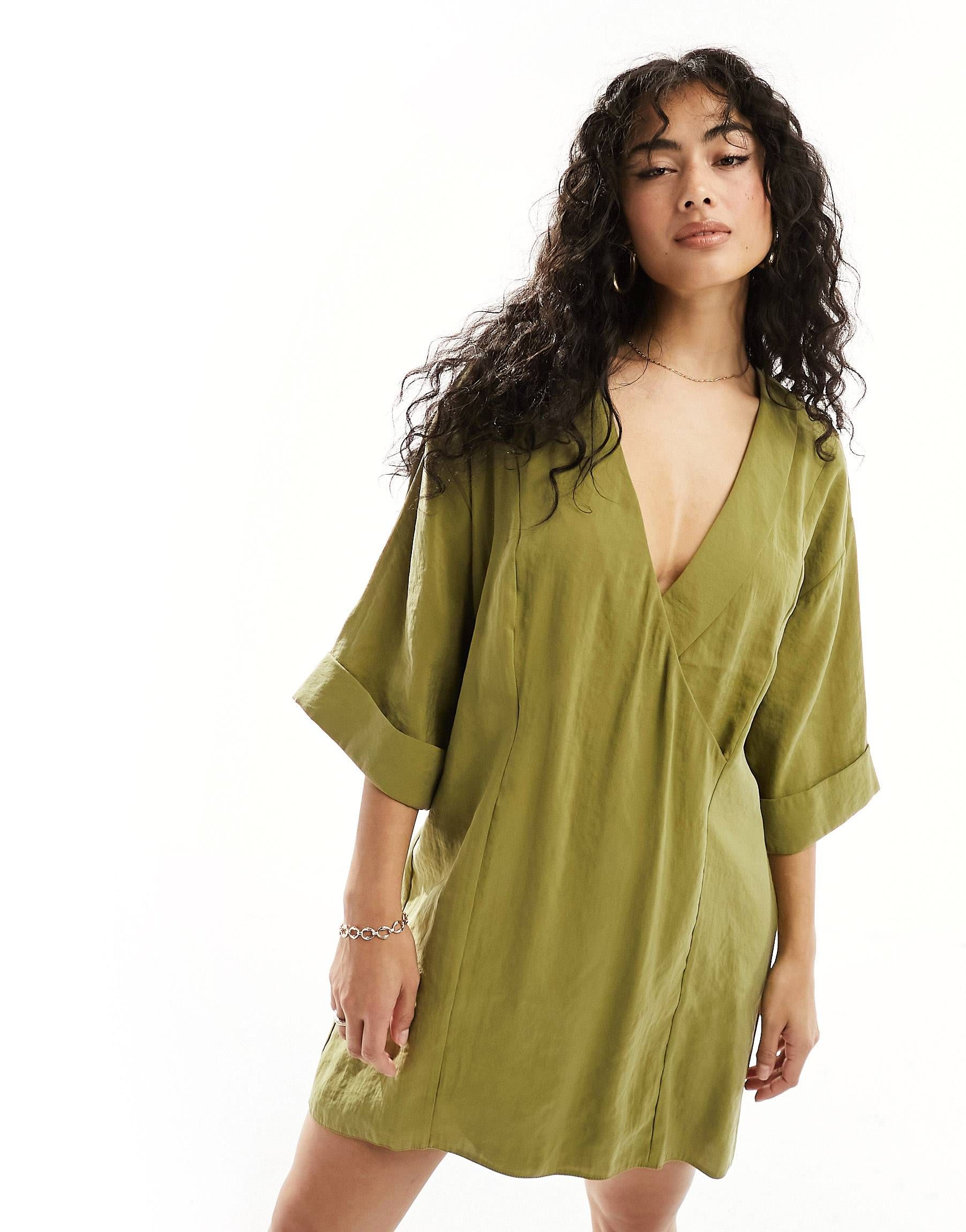 ASOS DESIGN oversized boxy mini dress with wrap collar detail in olive green | ASOS (Global)