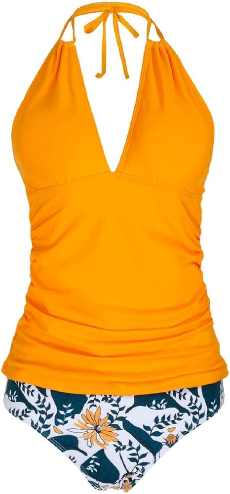 Yonique Womens Halter Tankini Swimsuits V Neck Tankini Tops with Bikini Bottom Two Piece Tummy Co... | Amazon (US)