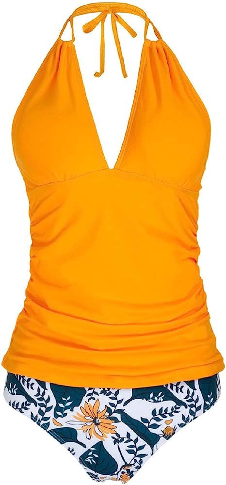Yonique Womens Halter Tankini Swimsuits V Neck Tankini Tops with Bikini Bottom Two Piece Tummy Co... | Amazon (US)