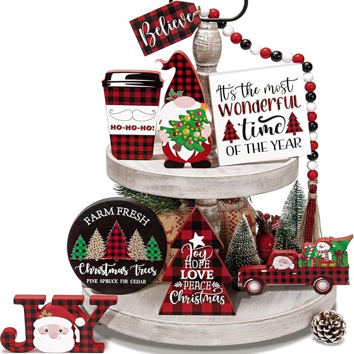 Christmas Tiered Tray Decor 8 PCS Xmas Decorations Indoor - Believe Merry Christmas Table Decor W... | Amazon (US)