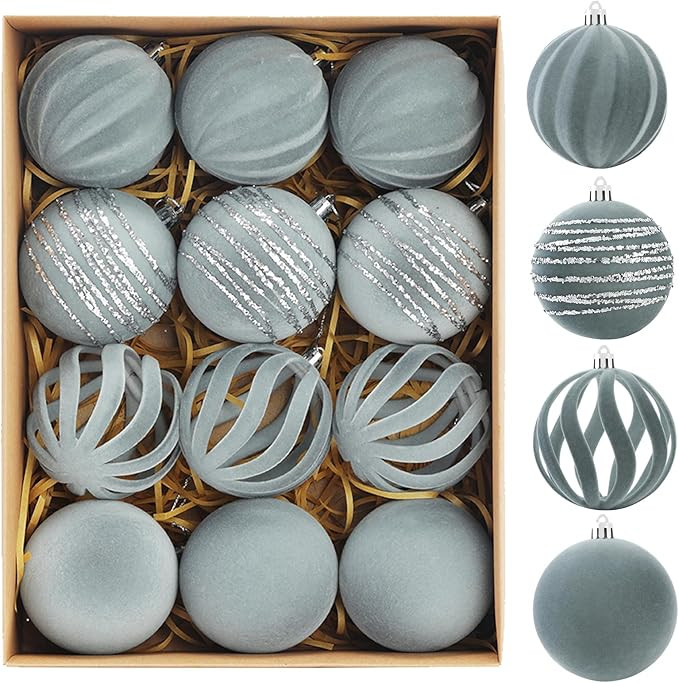 Christmas Ornaments Set of 12, 3.15" Flocked Velvet Balls with Hand Painted Designs, Dusty Blue E... | Amazon (US)