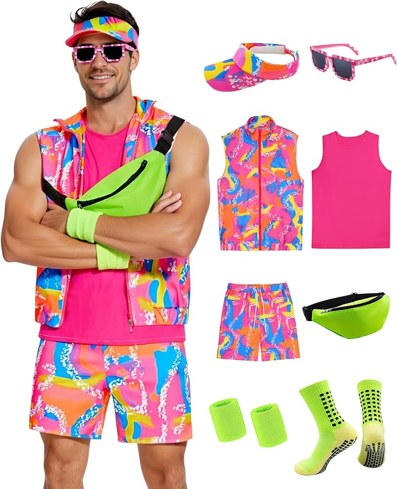 80s 90s Workout Outfit for Men 10pcs Halloween Adult Cosplay Costume Accessories | Amazon (US)