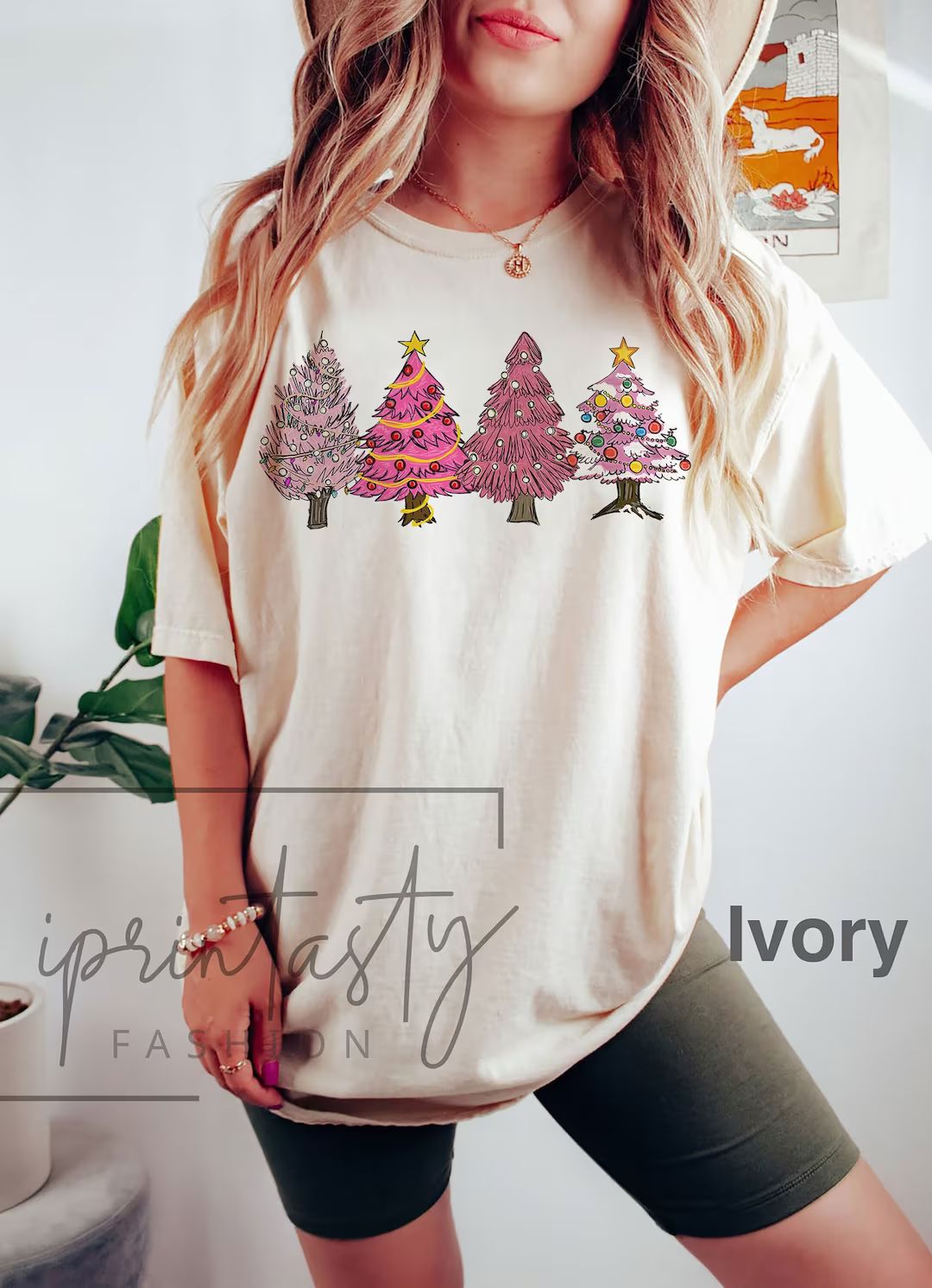 Comfort Colors® Pink Christmas Tree t-shirt, Cute Christmas Shirt, Women Holiday Shirt, iPrintas... | Etsy (US)