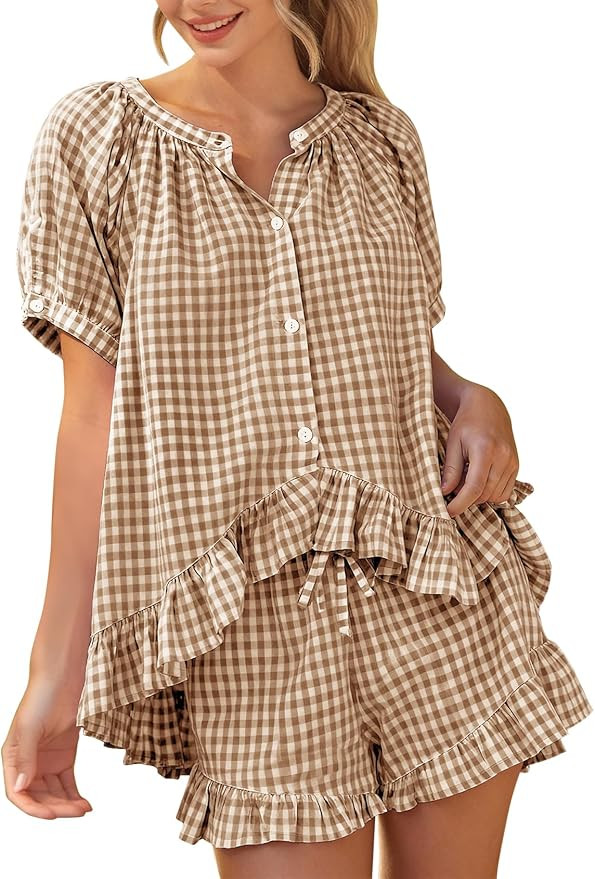 PEHMEA Women's Gingham 2 Piece Pajama Set Cotton Pj Ruffle Babydoll Short Sleeve Shirt Lounge Sho... | Amazon (US)