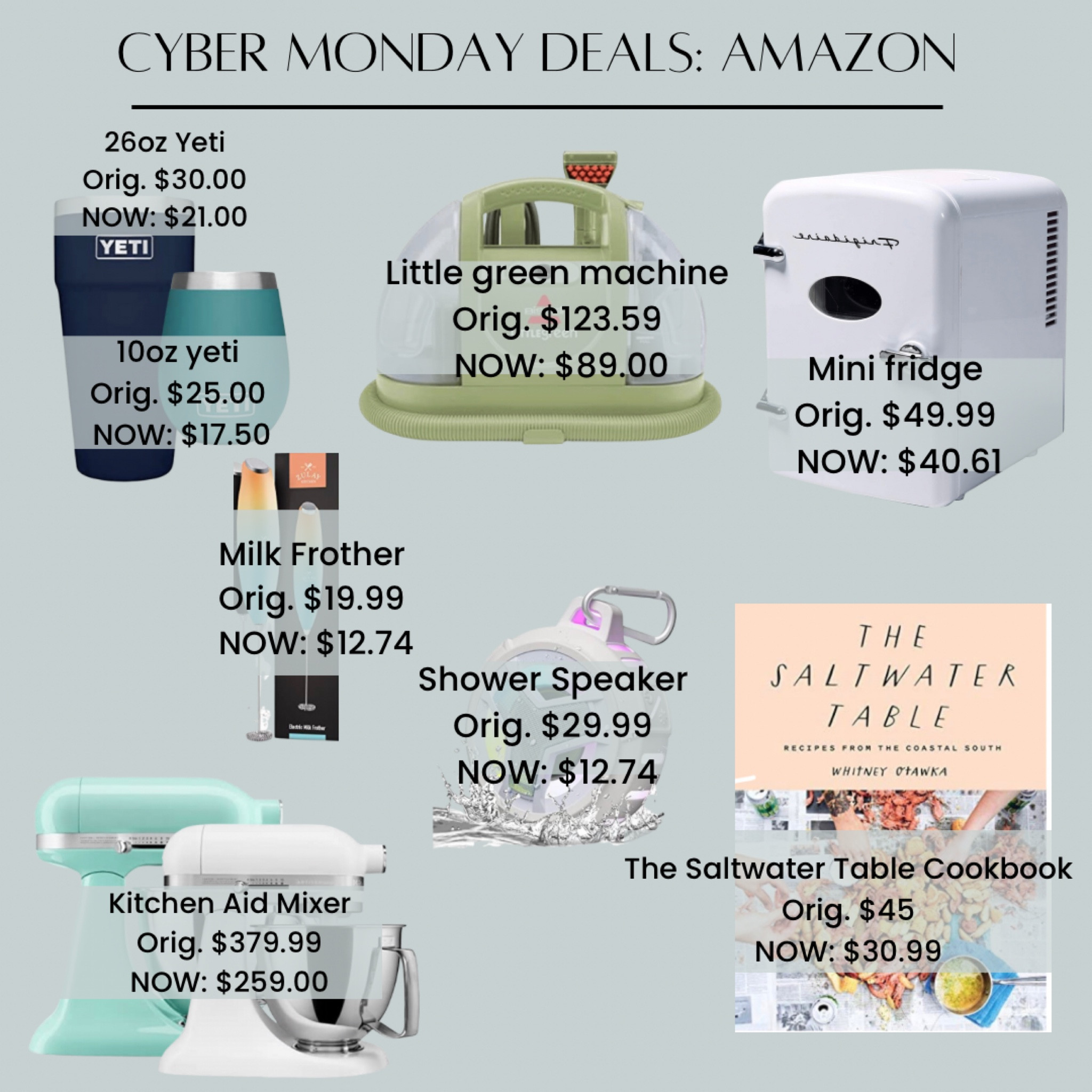 🚨 CYBER MONDAY DEALS 🚨 

Household items from Amazon • yeti, little green machine, fridgidaire mini fridge, shower speaker, kitchen aid mixer, milk frother, cookbook

#LTKHoliday #LTKCyberweek #LTKGiftGuide