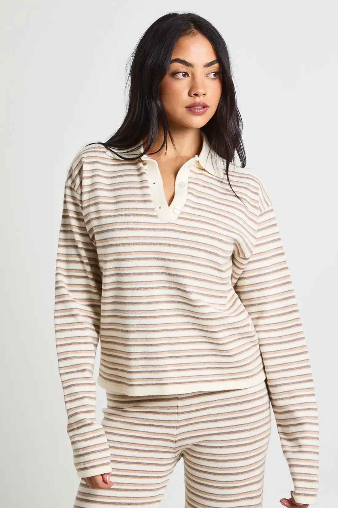 Brown Long Sleeve Stripe Knitted Polo Top and Trouser | Boohoo | Boohoo.com (UK & IE)