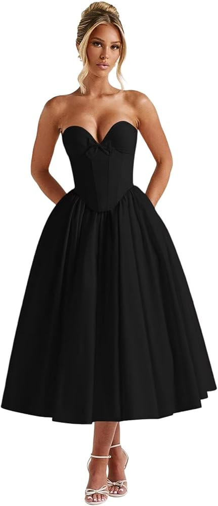 UZN Strapless Prom Dresses for Women Satin 2026 Tea Length A Line Corset Formal Evening Party Gow... | Amazon (US)