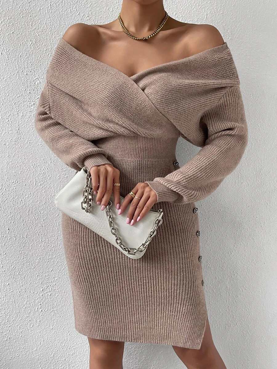 Overlap Collar Dolman Sleeve Button Side Sweater Dress
   
      SKU: sw2206300098936268
        ... | SHEIN