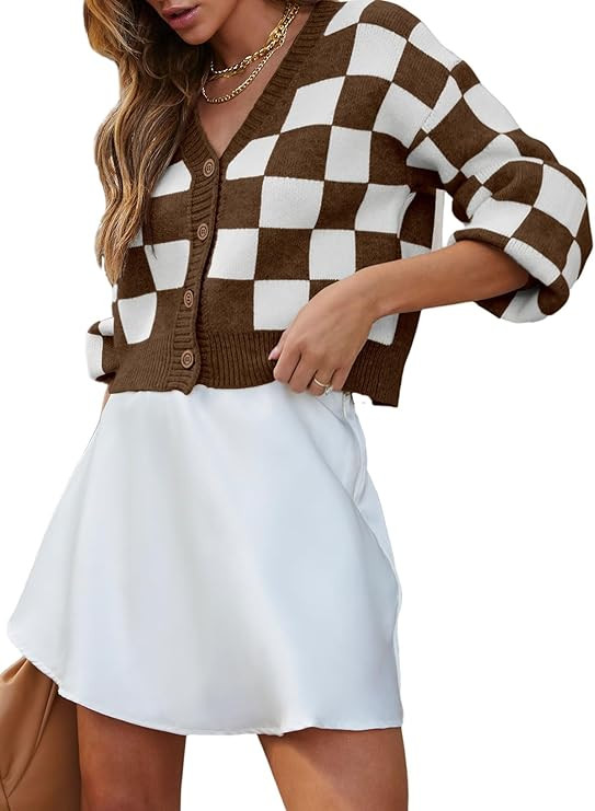 Dokotoo Womens Checkered V Neck Button Down Long Sleeve Cable Knit Cropped Cardigan Sweaters Tops | Amazon (US)