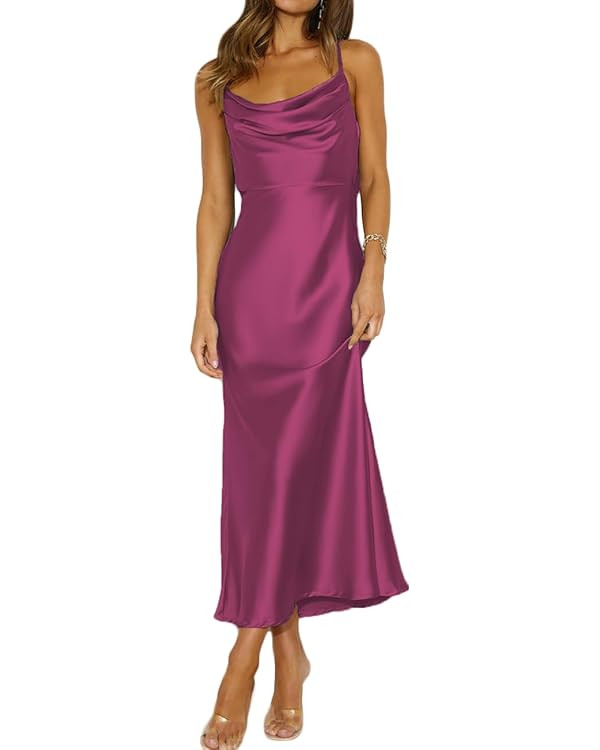 Summer Satin Spaghetti Strap Cowl Neck Backless Midi Dresses for Women Elegant Tie Low Back Ruche... | Amazon (US)