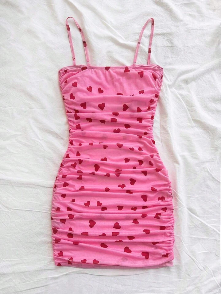 SHEIN Dreamara Vacation Heart Mesh Printed Shirred Camisole Mini Dress, Can Be Worn As Underwear ... | SHEIN