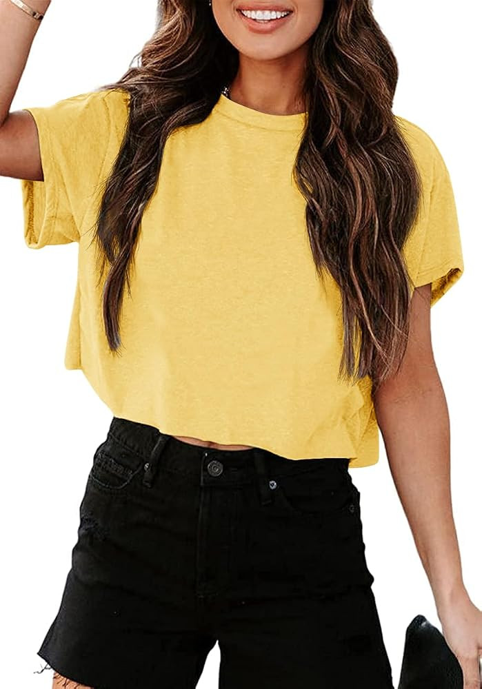 Tankaneo Women Short Sleeve Cropped T-Shirts Crew Neck Loose Crop Tops Summer Casual Drop Shoulde... | Amazon (US)
