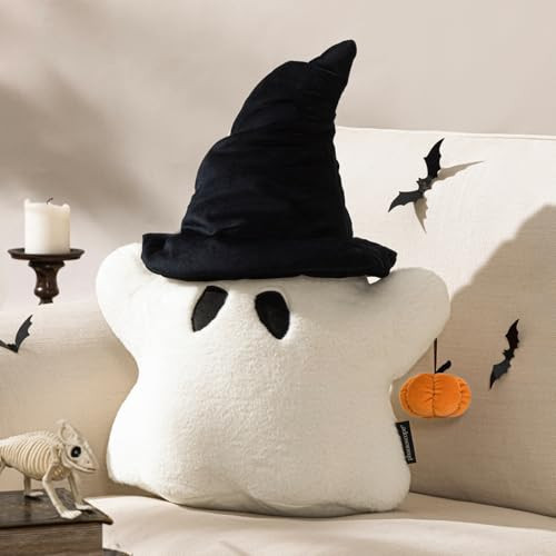 Phantoscope Happy Halloween Shaped Throw Pillow, Ghost Pillow with 3D Pumpkin, Hippie Halloween Ghost Pillow with Witch Hat Faux Rabbit Fur Spooky Shaped Pillows for Couch, White, 20 x 16 inch | Amazon (US)
