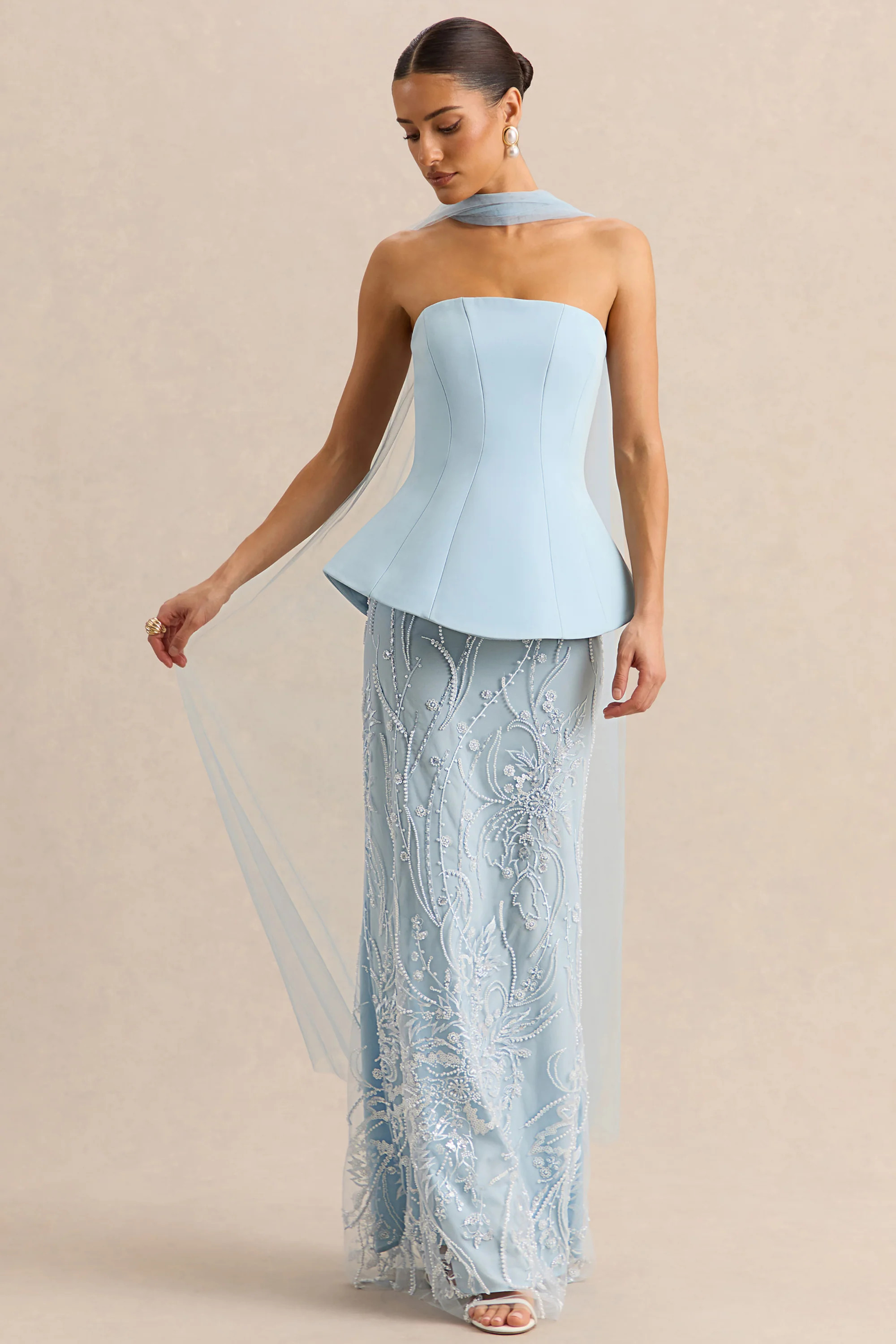 Lorna | Powder Blue Bandeau Maxi Dress With Scarf | Club L London