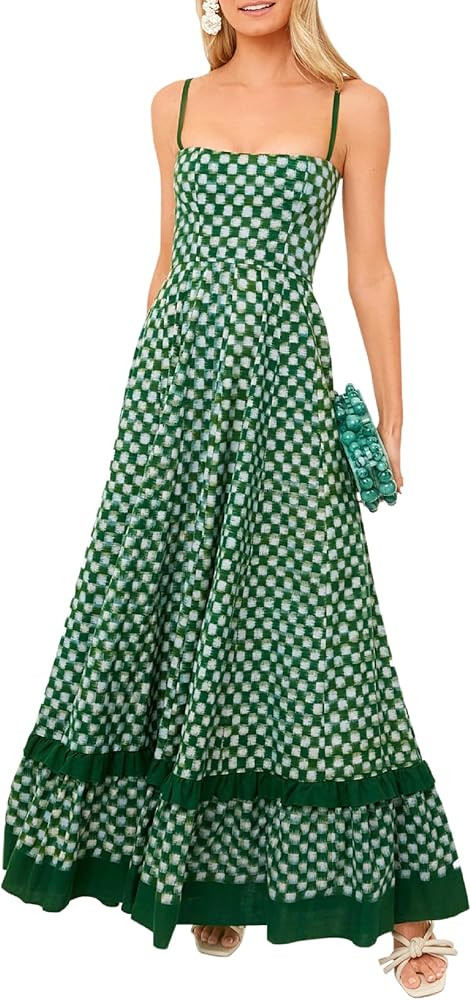 Women Plaid Maxi Cami Dress Spaghetti Strap Gingham Flowy Long Dress Boho Checkered Print Summer ... | Amazon (US)