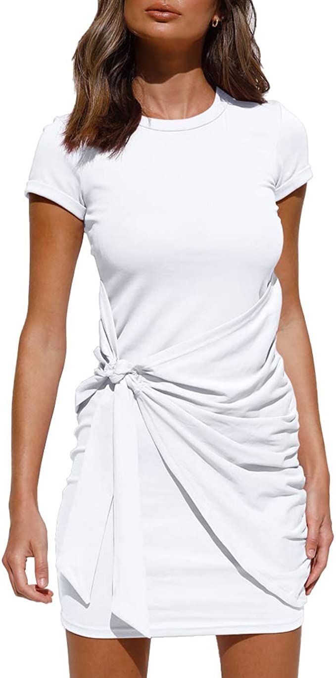LILLUSORY Women's Summer T Shirt Dress Casual Short Sleeve 2021 Crewneck Bodycon Ruched Tie Waist... | Amazon (US)