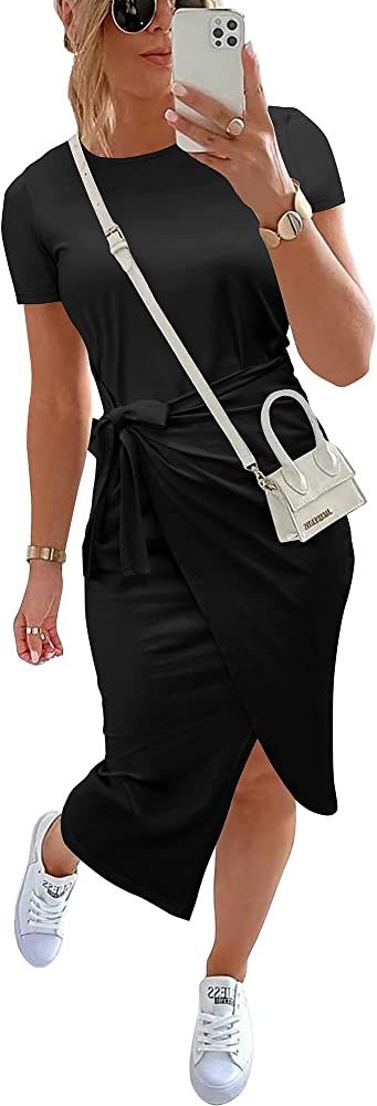 NOLLSOM Women Casual Sleeveless Striped Tank Midi Dresses Halter Neck Ruched Bodycon Dresses Tie ... | Amazon (US)