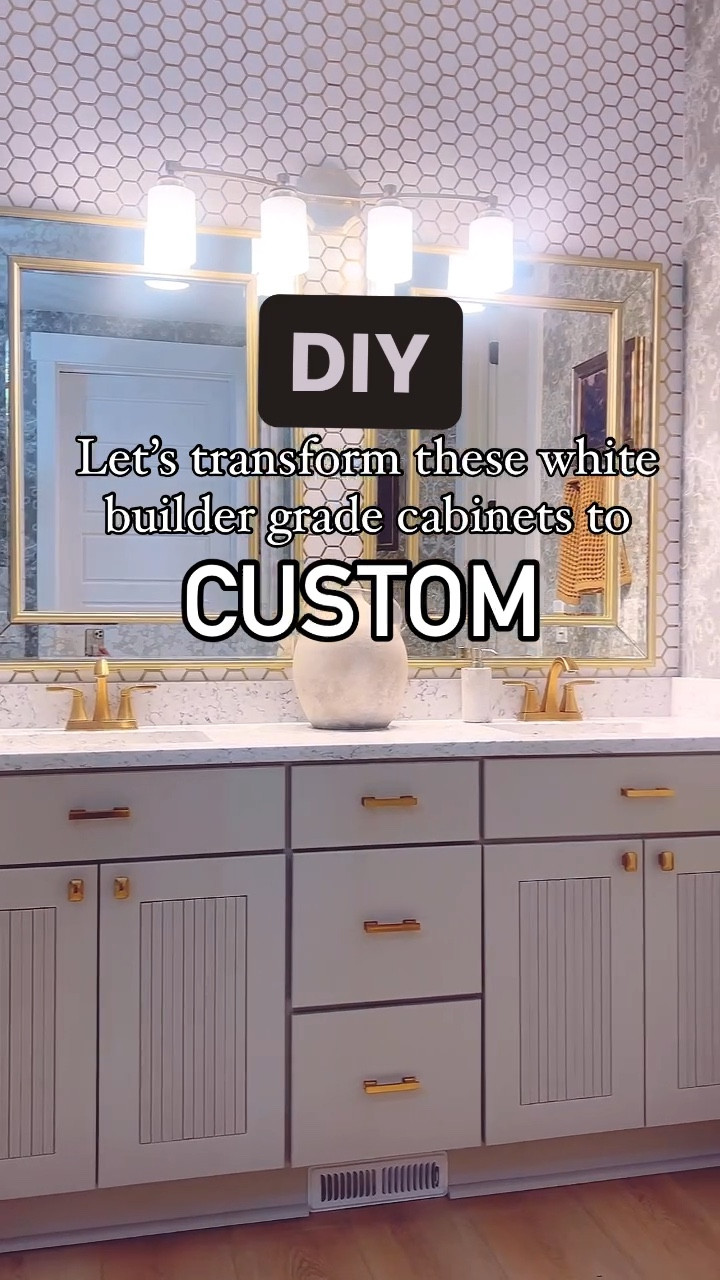 DIY project with major wow factor!  These white, builder grade cabinets went to looking custom by adding this trim detail. I sent them to my painter to spray them and I’m obsessed with the color.  I’m loving the detail and warmth it adds to the bathroom.   Such an easy way to upgrade your cabinets!🩶 #greige

#LTKhome #LTKVideo