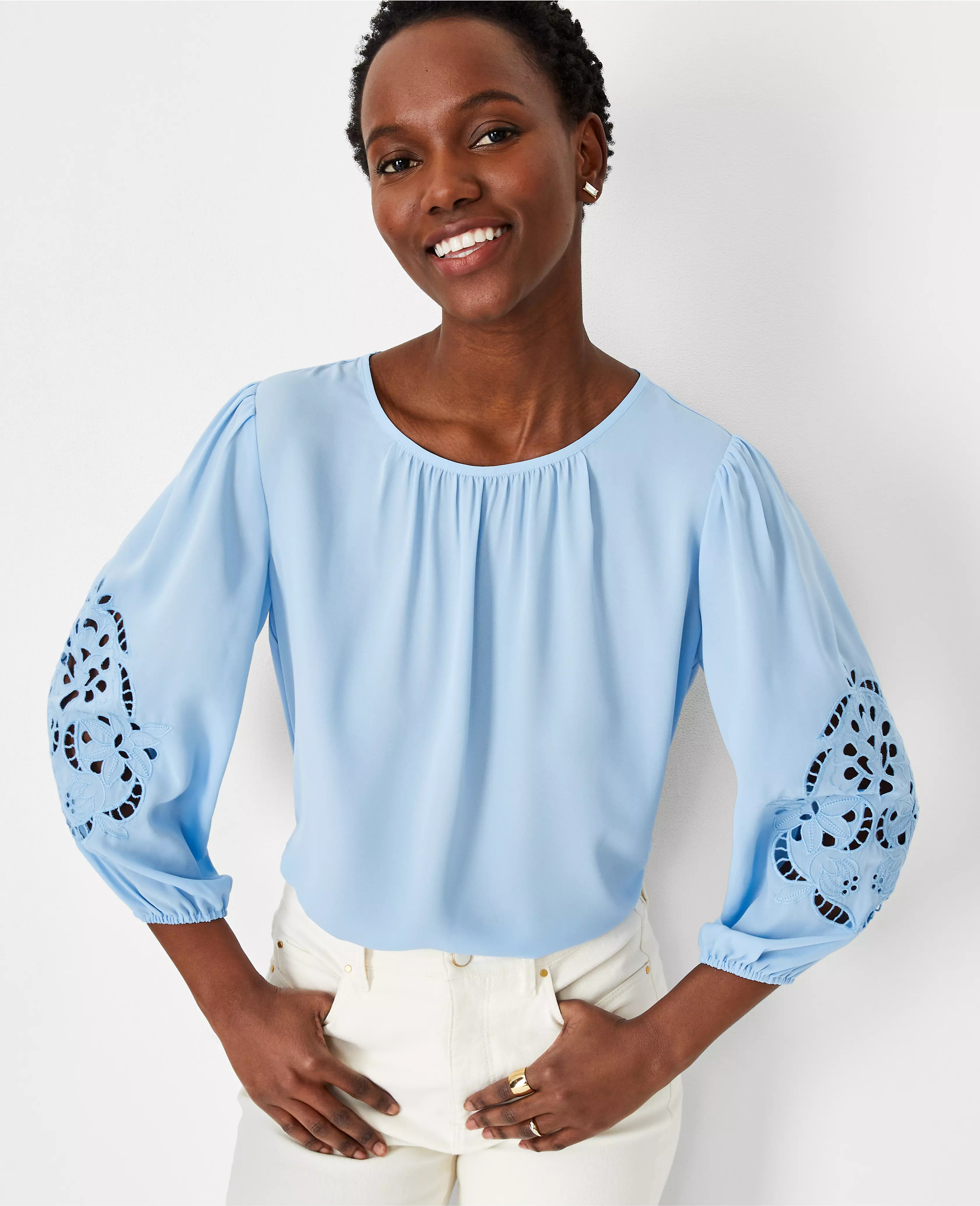 Eyelet Sleeve Mixed Media Top | Ann Taylor (US)