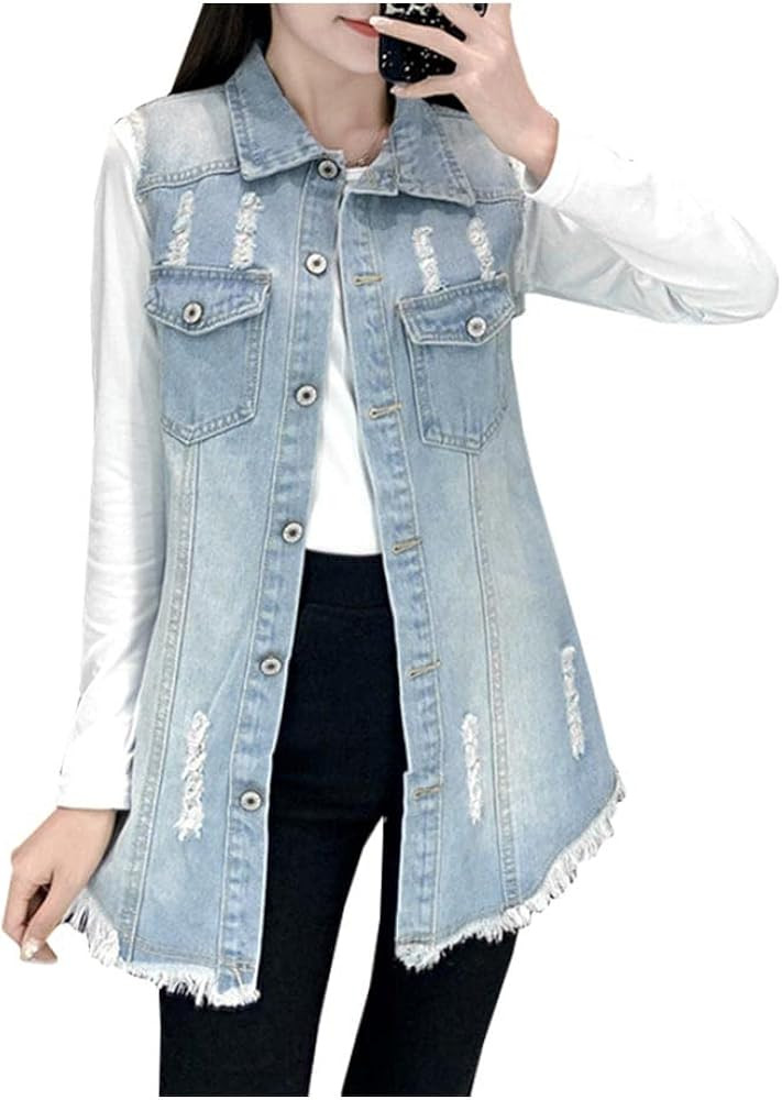 Kedera Women's Distressed Ripped Sleeveless Mid Long Plus Size Denim Jacket Jean Vest Cardigan Co... | Amazon (US)