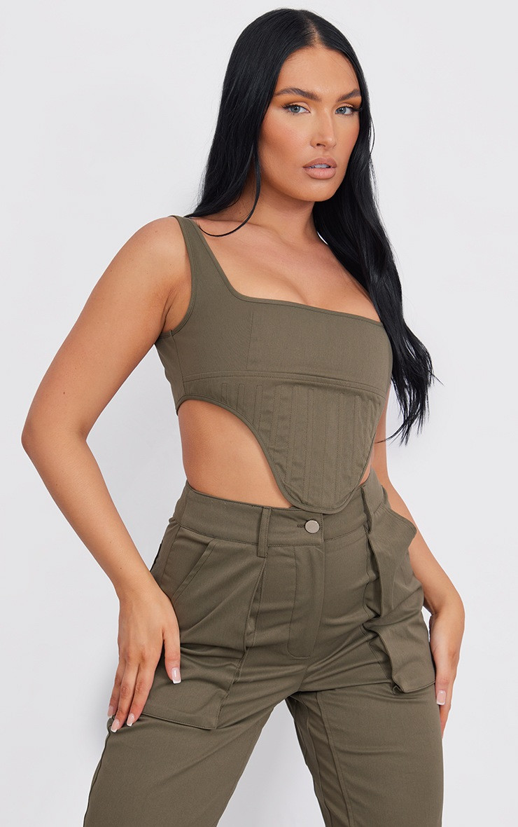 Khaki Twill Dip Hem Structured Cargo Corset | PrettyLittleThing IE