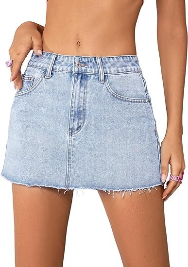 Floerns Women's Causal High Waist Raw Hem Pocket Denim Jean Short Skirt | Amazon (US)