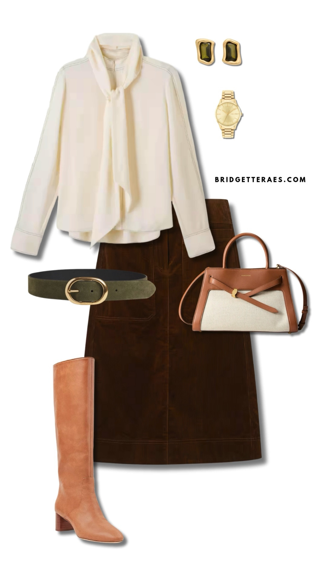 The ivory tie-neck blouse sets a refined tone, offering a soft yet structured silhouette that commands attention without overwhelming. Paired with a rich brown corduroy skirt, the look leans into fall’s tactile warmth while maintaining a polished profile. Tall tan suede boots add just the right amount of modern edge, elongating the leg and grounding the ensemble in confidence. A structured camel and cream handbag, olive suede belt with a gold buckle, and sculptural gold earrings complete the outfit with intention. This sophisticated work outfit is a flawless example of how a woman in leadership can blend authority and elegance with seasonal texture.

#LTKWorkwear #LTKStyleTip #LTKShoeCrush