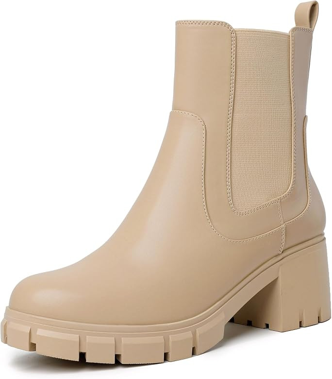 Sasuwa Chelsea Boots Women Platform Mid Calf Boots Chunky Heel Lug Sole Elastic Leather Ankle Boo... | Amazon (US)