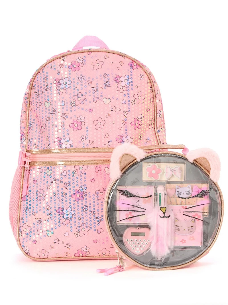 Schoolyard Vibes 17" Girls' Kitty Kids Backpack with Stationary Set, Pink | Walmart (US)