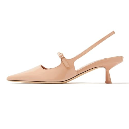 MIRAAZZURRA Slingback Kitten Heels Pumps Pointed Toe Patent Leather Low Heel Slip On Dress Shoes with Buckle Strap for Dating Party Working Nude 8.5 | Amazon (US)
