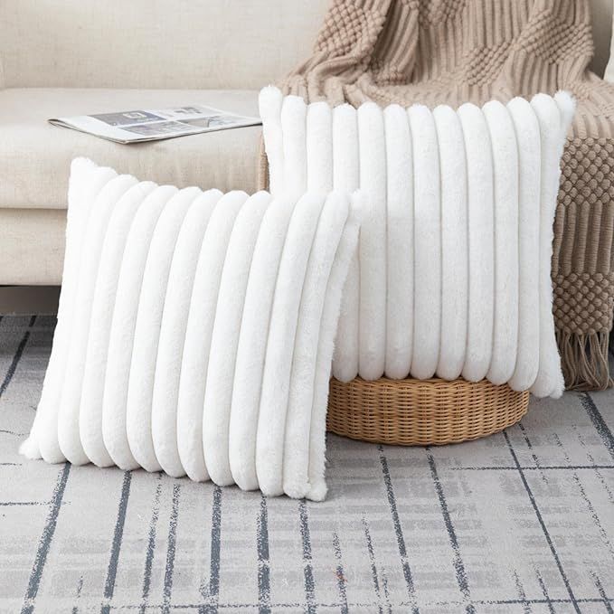 ZLINA Set of 2 Faux Fur Plush Cream White Throw Pillow Covers Fluffy Striped Pillowcase Cushion C... | Amazon (US)