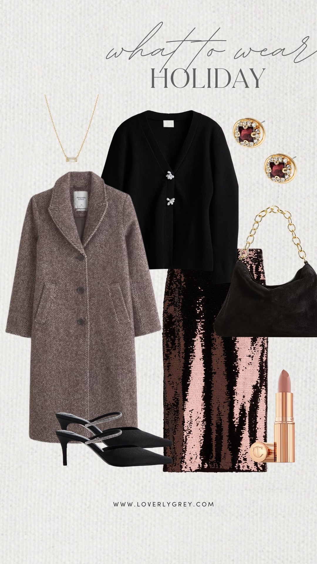 Loverly Grey, what to wear for a holiday event! I am loving this sparkly midi skirt paired with a H&M long sleeve and layered with a Abercrombie coat. I accessorized with a black J.Crew purse, heels, and gold jewelry. Loverly Grey, what to wear, holiday event 

#LTKHoliday #LTKItBag #LTKStyleTip