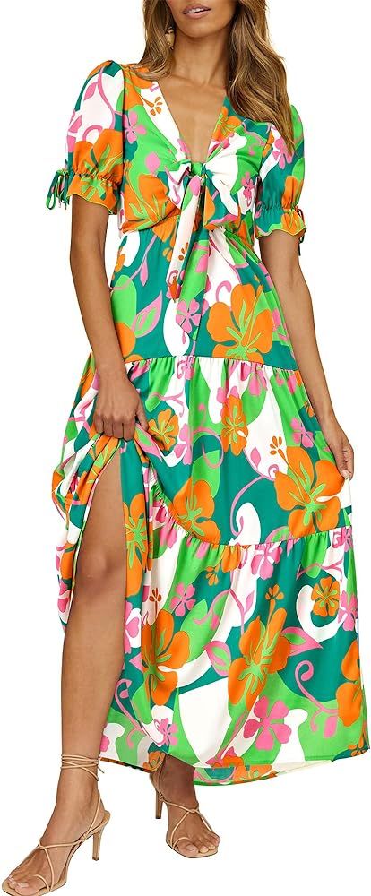 BTFBM Women's 2024 Summer Boho Dress Tie Front Deep V Neck Cutout Short Sleeve Floral Casual Part... | Amazon (US)