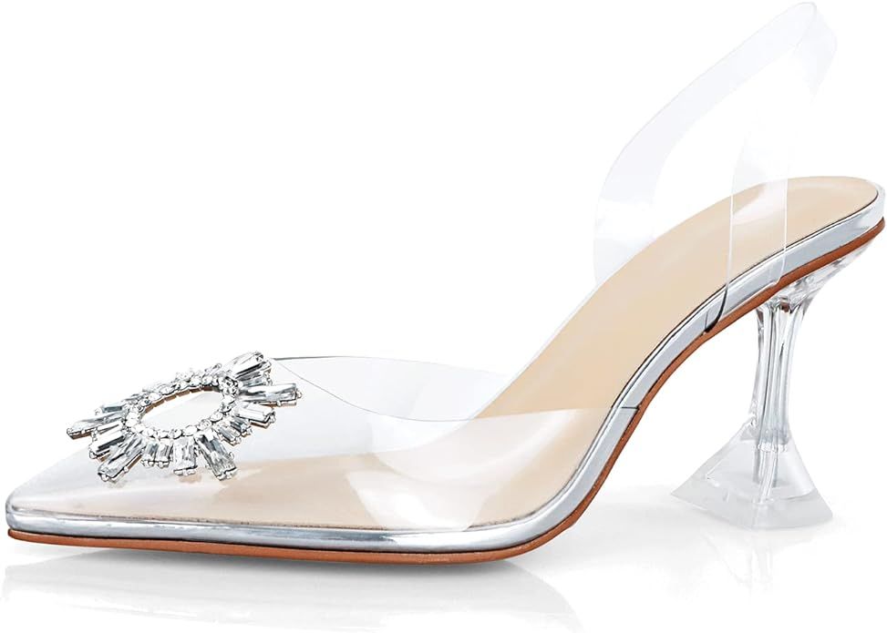 ATAX Women's Fashion Pointed Toe Clear Heels Transparent PVC Sandals Crystal Rhinestones Slingbac... | Amazon (CA)