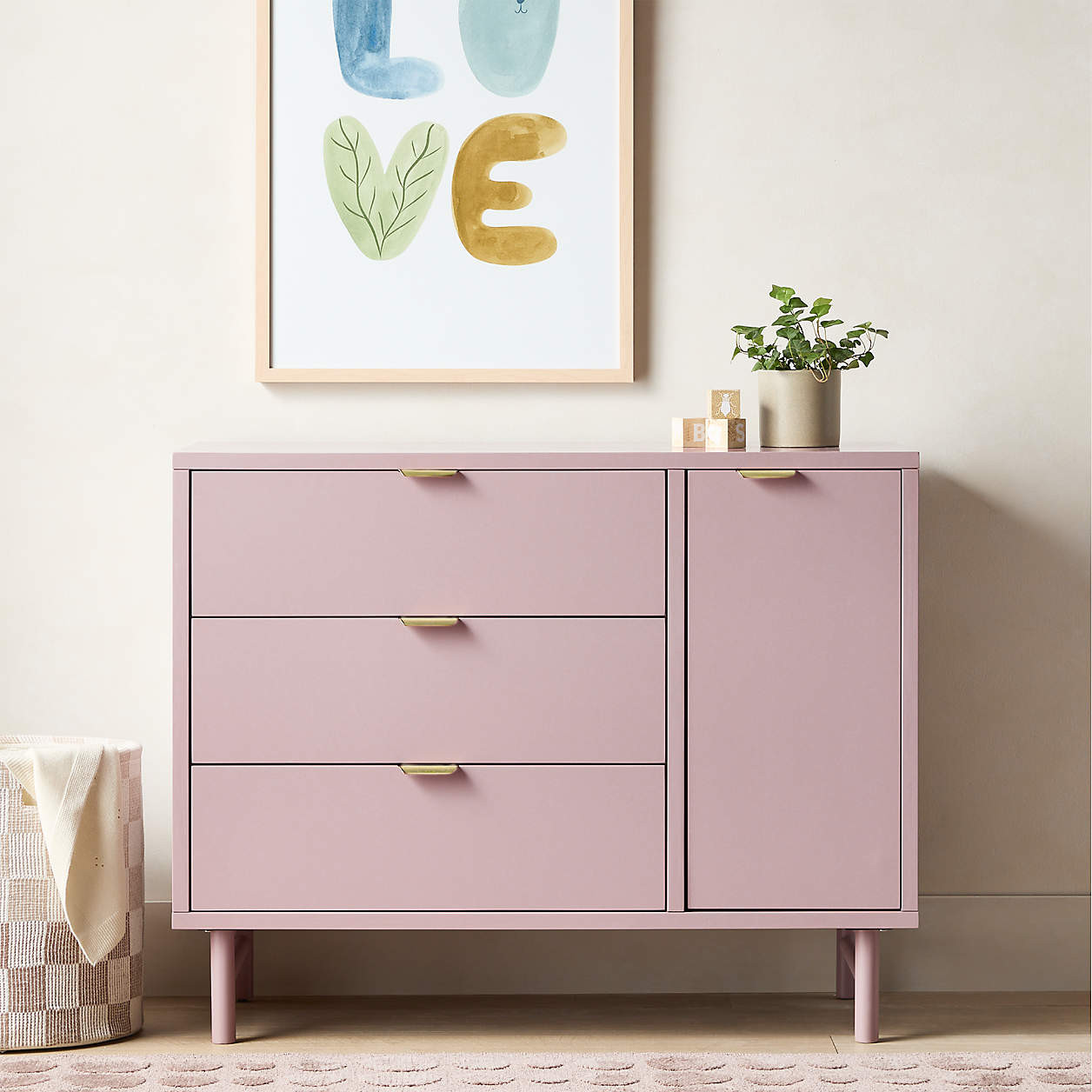 Classic 44" Lilac Rose Wood 3-Drawer Kids Dresser with Door + Reviews | Crate & Kids | Crate & Barrel