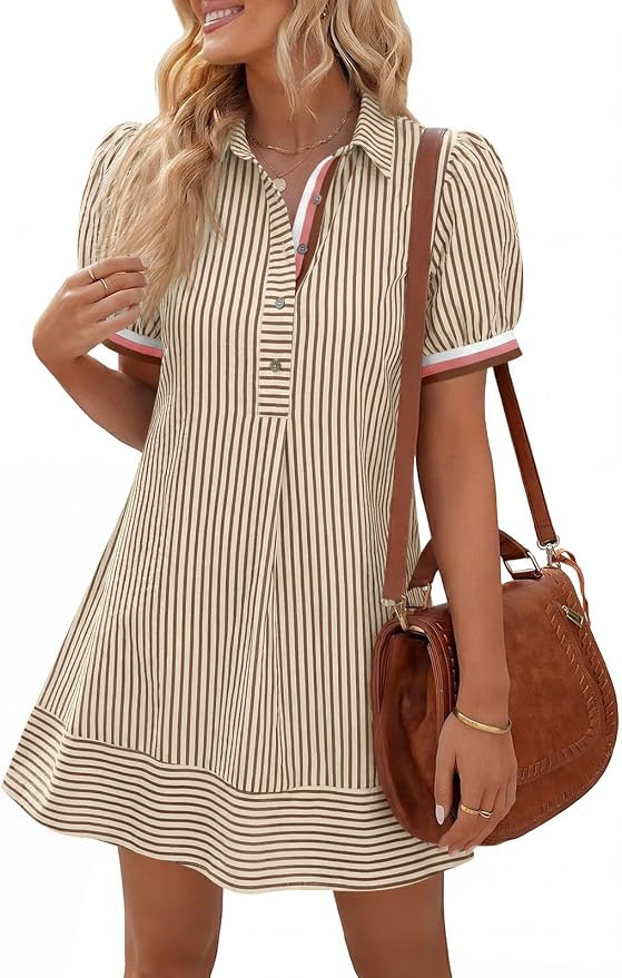 Wenrine Womens Summer Striped Short Sleeve Casual Button Shirt Mini Dresses | Puff Sleeve, Loose ... | Amazon (US)