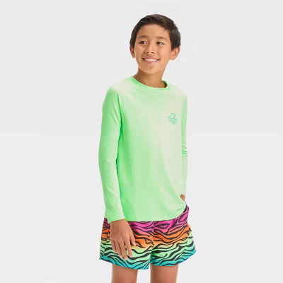 Boys' Long Sleeve Snappy Wave Rash Guard Top - art class™ Light Green L | Target