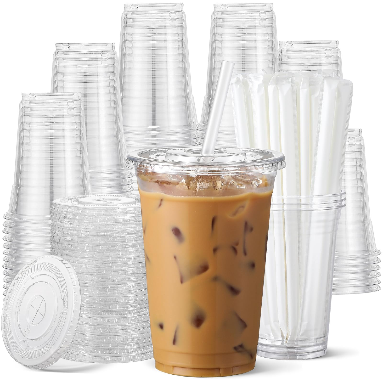 AOZITA 100 Pack 16 oz Clear Plastic Cups with Lids and Straws, Disposable Iced Coffee Cups for Co... | Amazon (US)
