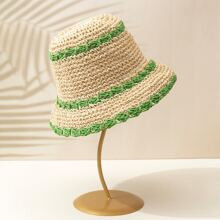 1pc Women Green Stripe Decor Cute Crochet Straw Hat For Spring, Summer, Holiday | SHEIN