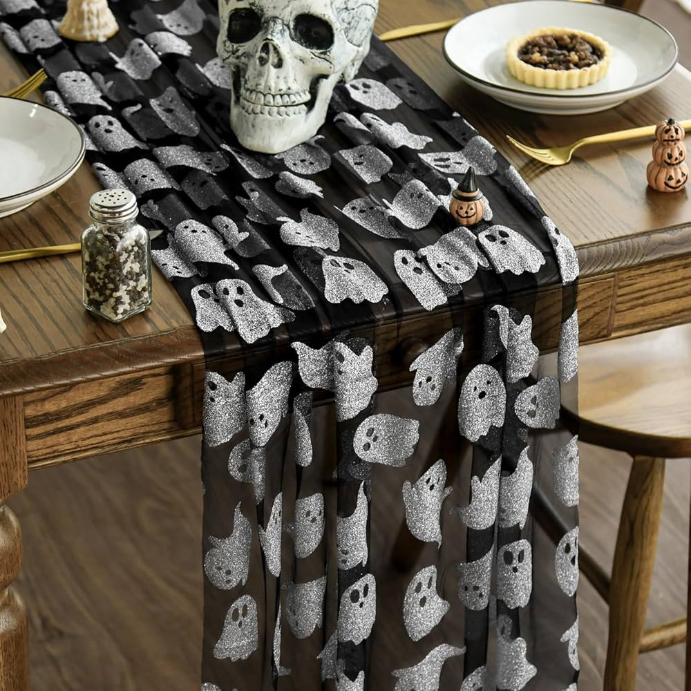 Artoid Mode Silver Ghost Gauze Table Runner 120 Inch 10FT, Halloween Seasonal Sheer Dining Holida... | Amazon (US)