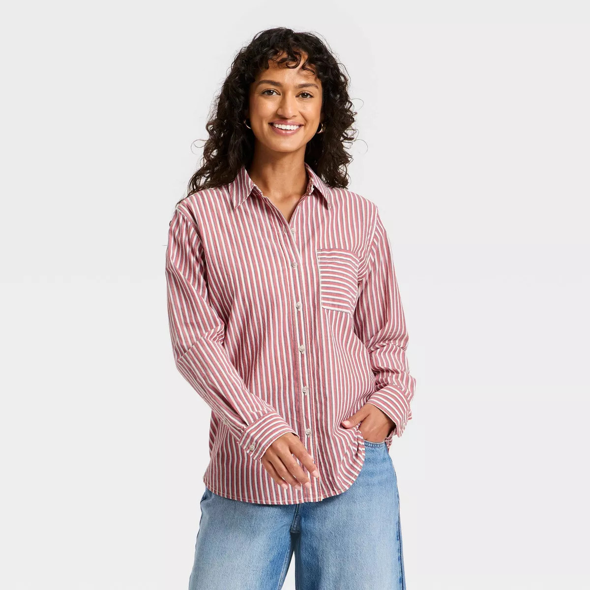 Women's Long Sleeve Collared Striped Button-Down Shirt - Universal Thread™ Red | Target