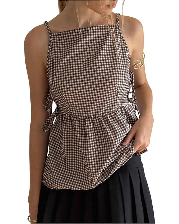 Verdusa Women's Gingham Plaid Peplum Tops Slit Tied Side Camisole Tops Summer Outfits | Amazon (US)
