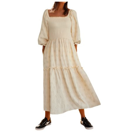 Fall Clothes for Women 2024 New Relaese Clearance under 5$! Women Floral Embroidered Maxi Dress Long Puff Sleeve Square Neck Bohemian Flowy Dress With Pockets Smocked Fall Dress | Walmart (US)