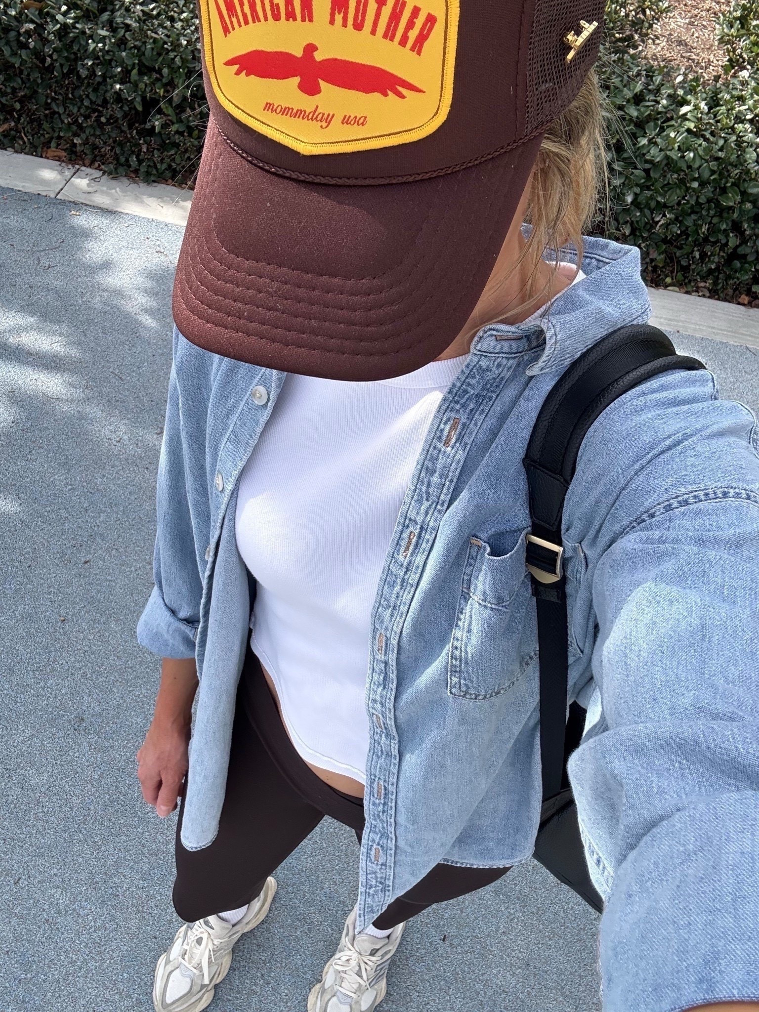 Resharing last weeks favorite outfit 🤎What I wore today for school dropoff/ pickup, to the playground & Baseball practice 📚✏️🛝⚾️ A full day of mommin! My hat is from Mommday, I linked similar options. 

Mom style, mom outfit, everyday comfy outfit, school dropoff outfit, sports mom outfit, Aritzia, Amazon, denim shirt outfit, brown leggings outfit, trucker hat, comfy style

#LTKmomlife #LTKootd #LTKgrwm