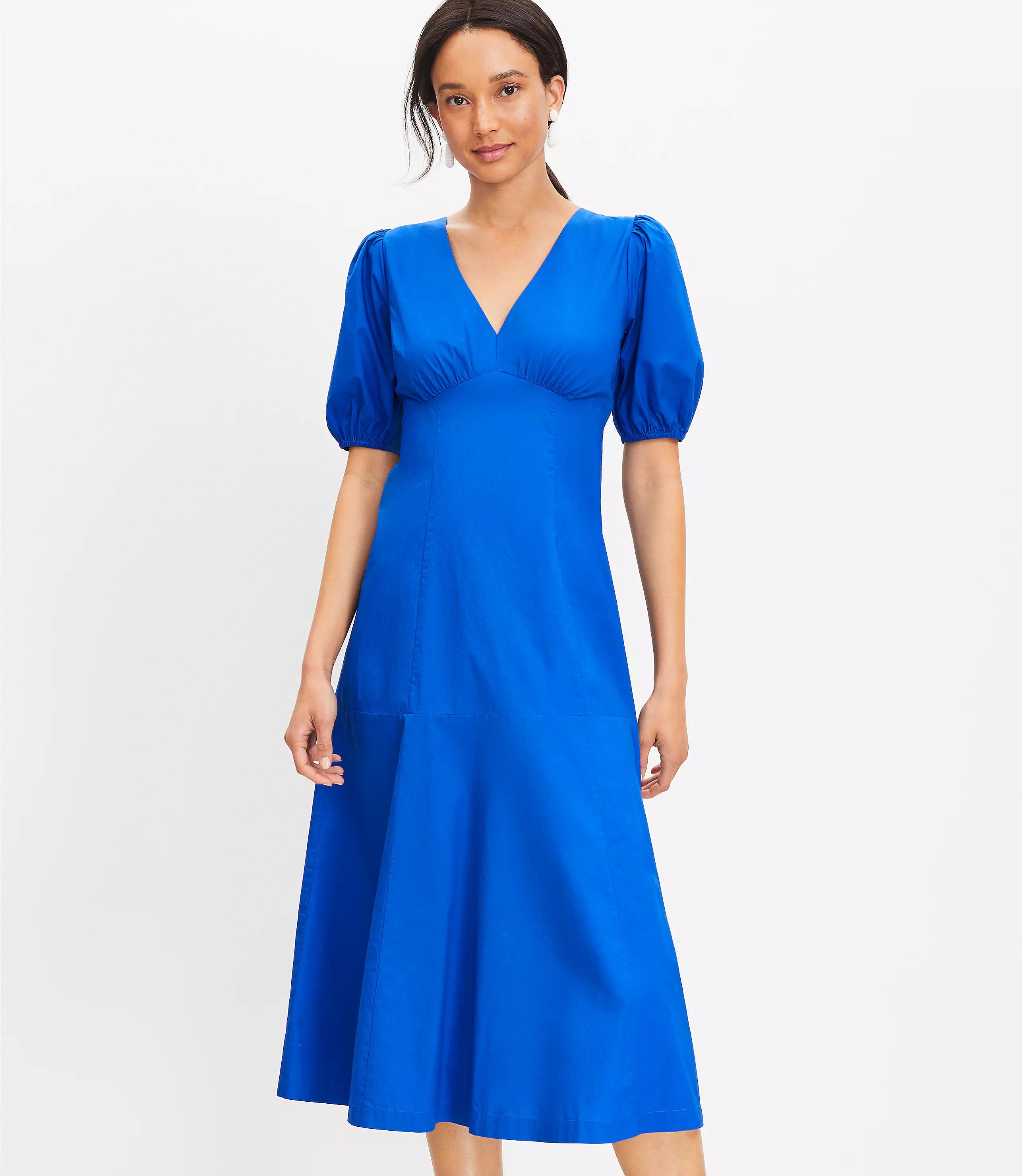 Petite Poplin Tie Back Puff Sleeve Midi Dress | LOFT